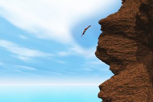 3D render of a female diving off a cliff into tropical sea